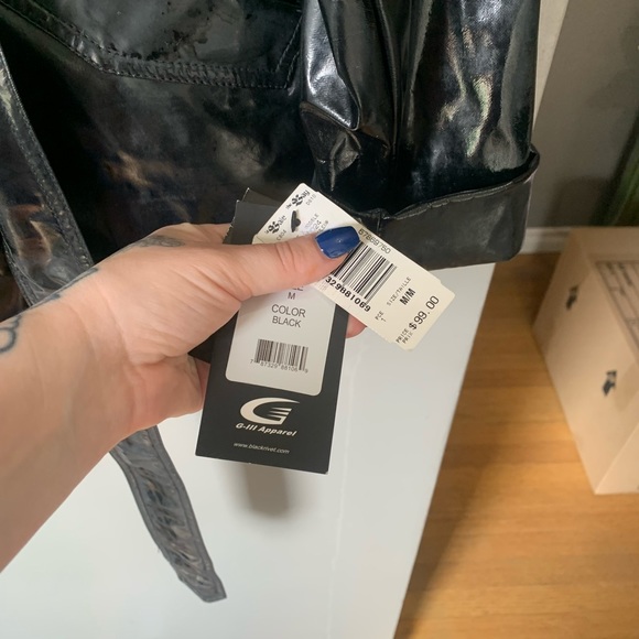 80’s Vintage ⚡️ NWT Black Rivet Glossy Shiny Black Trench Raincoat - Size Medium - Picture 4 of 4